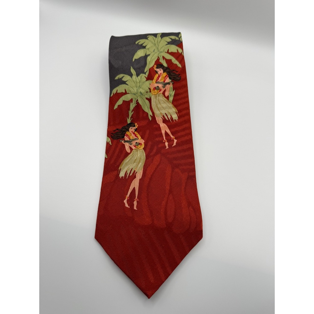 Tommy Bahama Silk Tie OS Red Hula Girl Ukulele Tropical Tiki Hawaiian Retro Palm